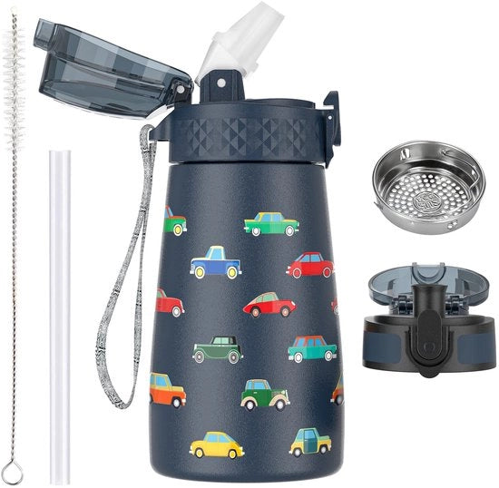Bottiglia di acqua per bambini in acciaio inossidabile da 350 ml con beccuccio e 2 coperchi diversi, bottiglie di acqua metalliche a vuoto isolanti per bambini, ragazzi, bambini piccoli, bevande calde e fredde, libera da BPA