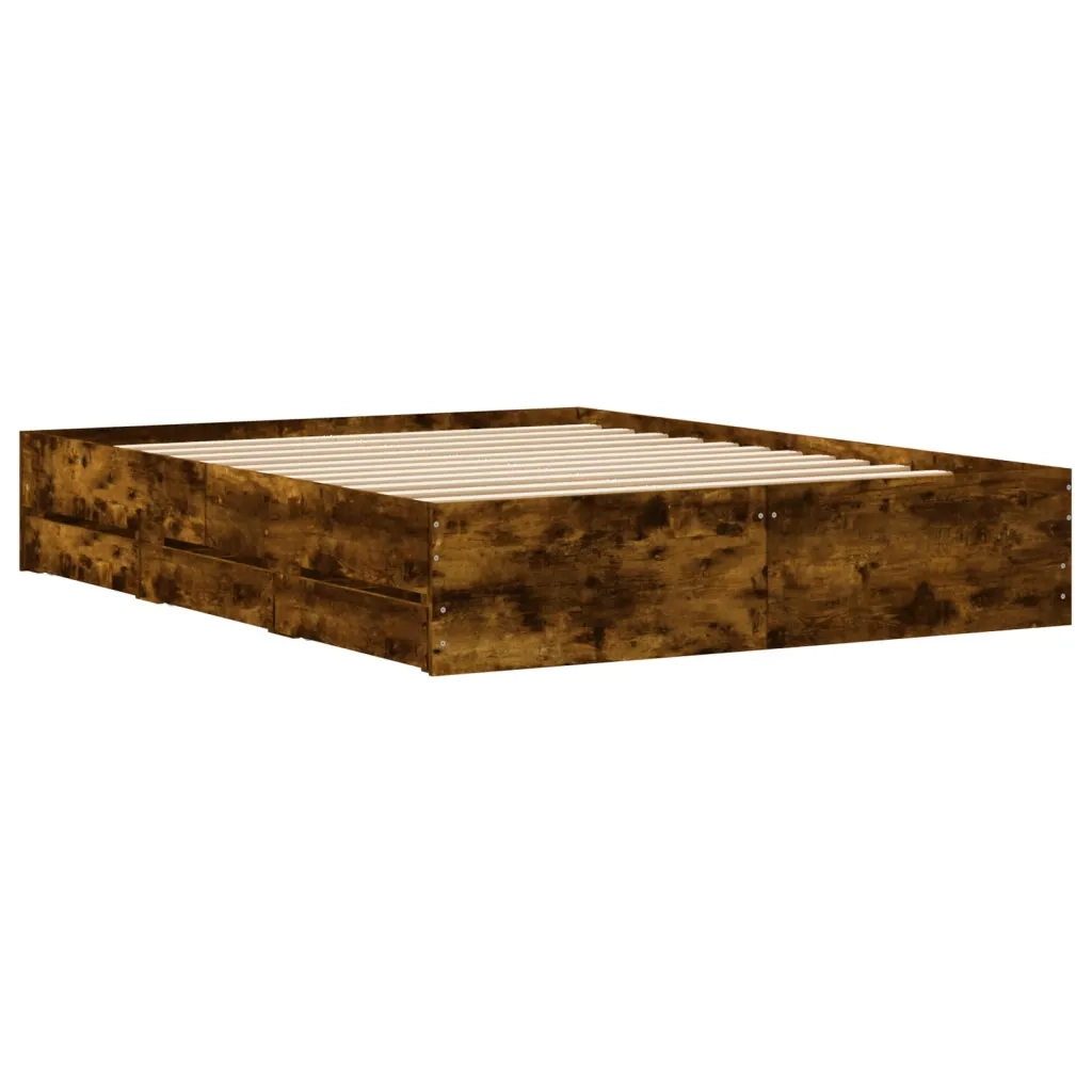 Letto matrimoniale | Letto per adulti | Giroletto con Cassetti Rovere Fumo 150x200 cm Legno Multistrato