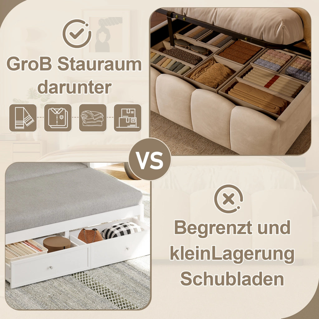 Letto imbottito 140 x 200 cm con contenitore idraulico; LED; USB e Type-C; velluto beige