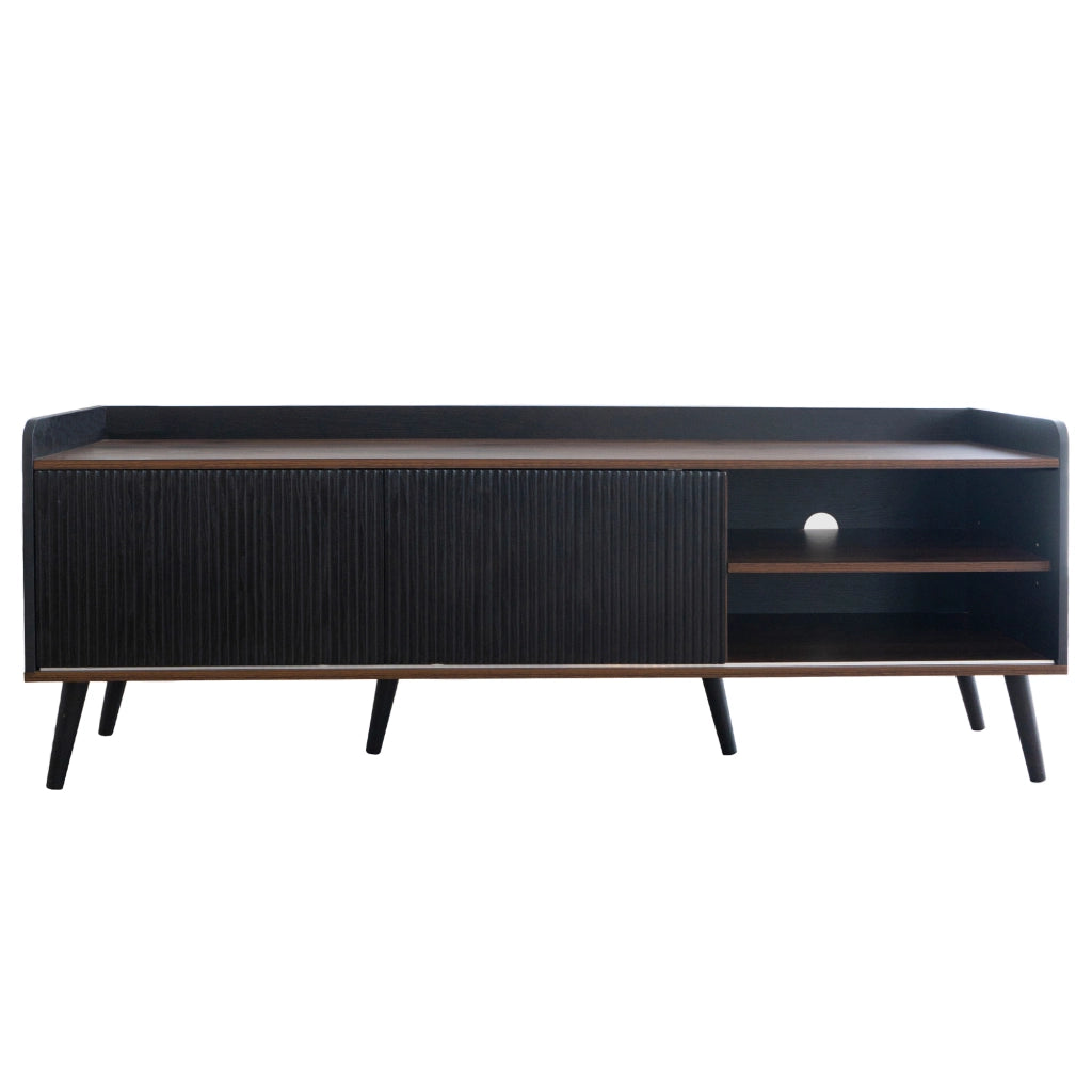 Mobile Porta TV 160 cm Nero e Legno con Ante Scorrevoli a Strisce e 2 Cassetti