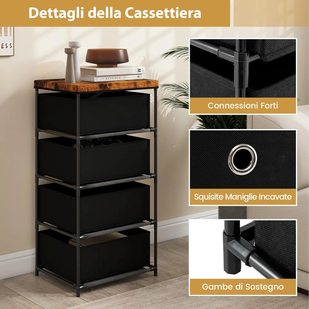 Cassettiera in Tessuto, Mobile con 4 Cassetti e Struttura Robusta in Metallo, Mobiletto Salvaspazio per Camera da Letto, Corridoio, Ingresso e Armadio, 42 x 33,5 x 84,5 cm (Nero)