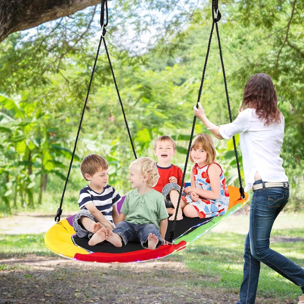 Altalena da Giardino per Bambini 150 cm, con Luci LED, Altalena da Albero con Struttura in Acciaio Antiruggine, Corde Regolabili, Portata 150 kg, per Bambini 3+ Anni