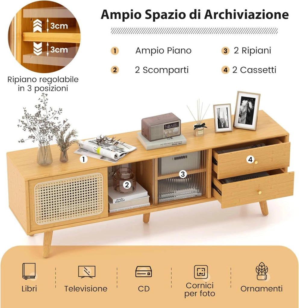 Mobile TV per TV fino a 65 Pollici, Mobile da Salotto in Vetro e Rattan PE con 2 Cassetti, Porte Scorrevoli e Gambe, Mobile TV per Soggiorno e Camera da Letto