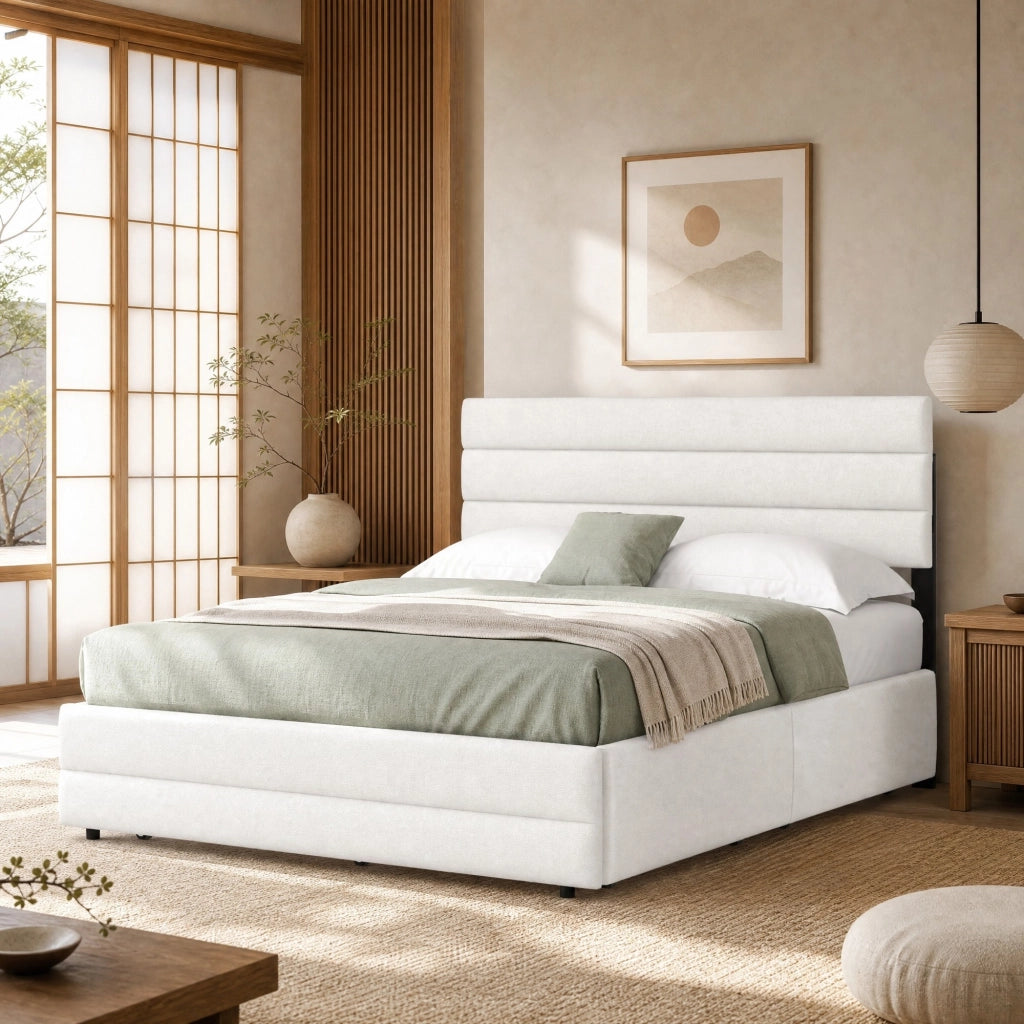 Letto matrimoniale 140x200 cm con letto estraibile e 2 cassetti; beige; in lino