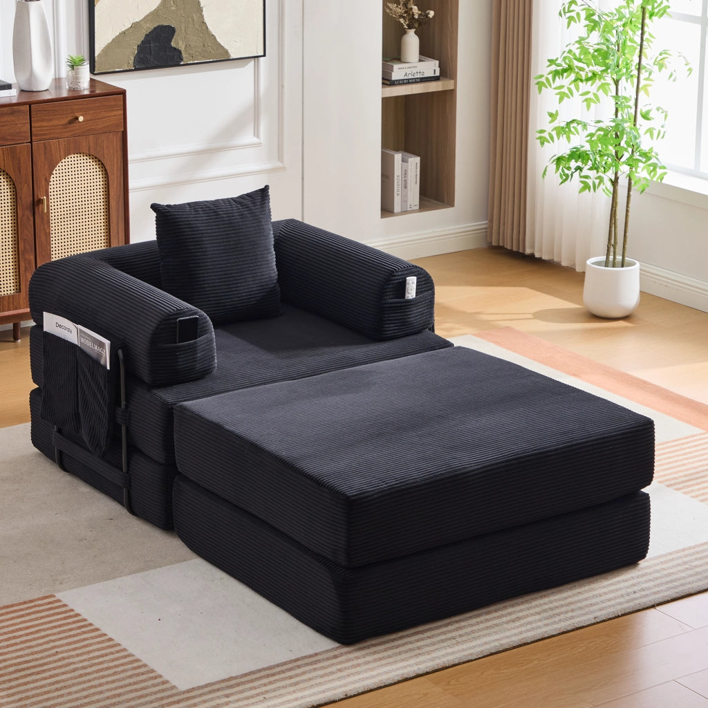 DIVANO Modulare 112x190x67 cm in tessuto a coste Nero con cuscino e pouf