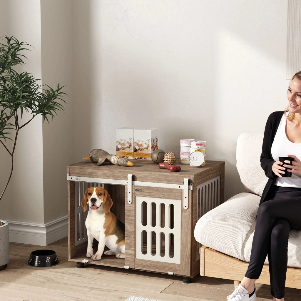 Casa per cani con porta scorrevole ¨C zephmum ¨C 80x59x63 cm, noce
