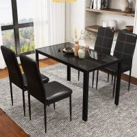 Set 5 Pezzi con 1 Tavolo e 4 Sedie per Cucina o Sala da Pranzo in Finta Pelle, Metallo e Vetro Temperato, Nero