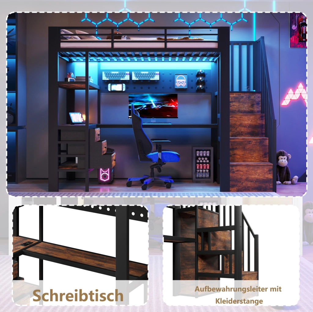 LETTO a soppalco 90x200 cm in metallo e MDF nero con scrivania