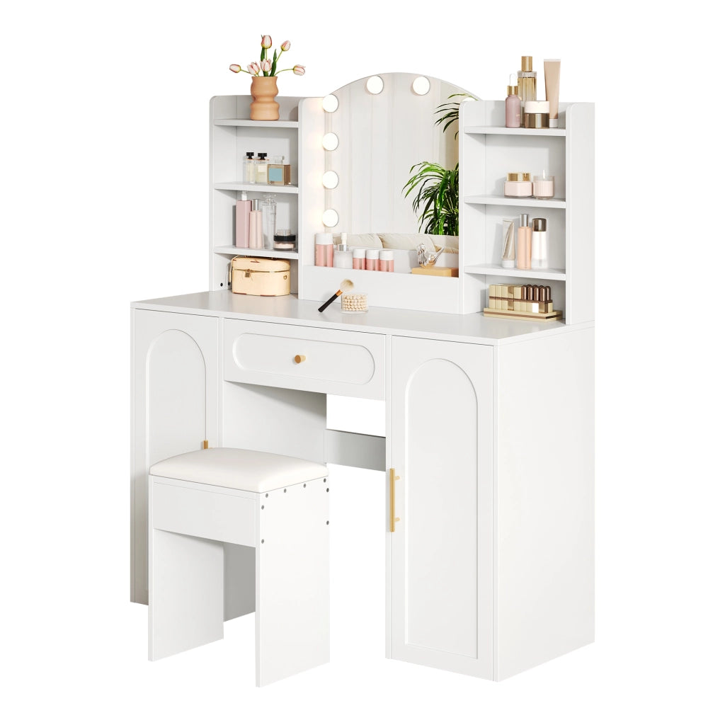 Scrivania Toeletta con Specchio LED, Cassetto e Ante ¨C MINIMAL ¨C Bianco, 110x40x132