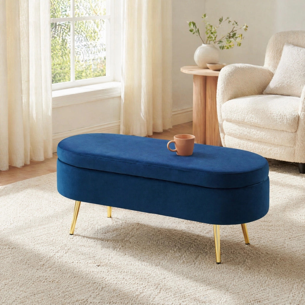 Banc con contenitore in velluto blu con coperchio ammortizzato struttura in legno e gambe in metallo 110 × 40 × 42 cm
