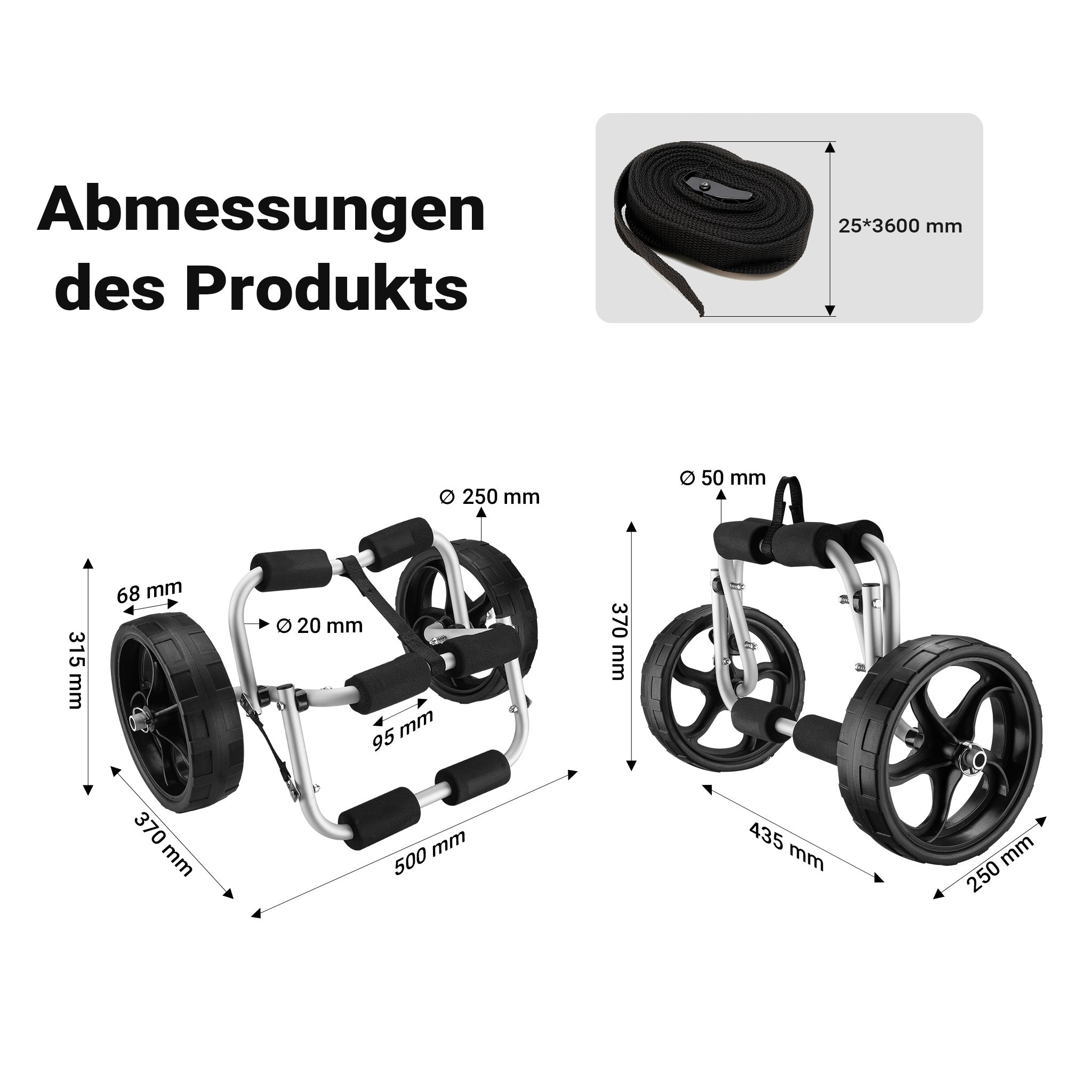 Carrello per trasporto kayak richiudibile In alluminio Ruote in PU Cinghia in nylon incl. Max 45 kg