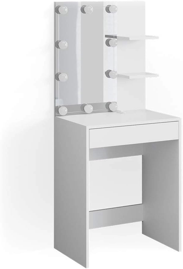 Tavolo da toeletta Isabelle, Bianco, 60 cm con illuminazione a LED, Salvaspazio e funzionale allo stesso tempo