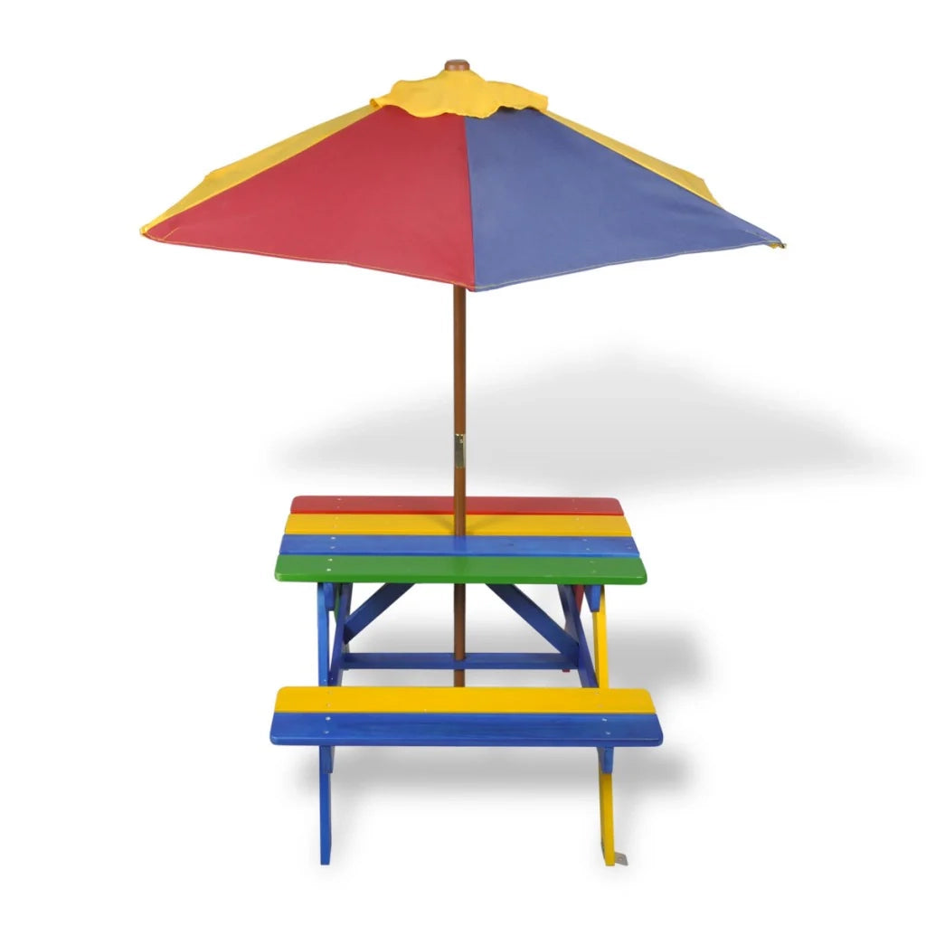 Tavolo e panche in legno con ombrellone per bambini 0102011