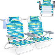 Set di 2 Sedie da Spiaggia Pieghevoli, Spiaggina con Schienale Regolabile in 5 Posizioni, Sdraio Mare con Portabicchieri e Portaasciugamani, Lettino Prendisole per Campeggio, Picnic (Verde)