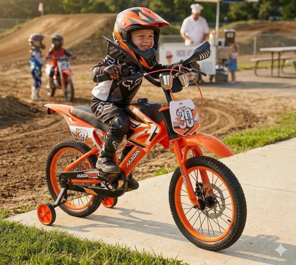 Bicicletta per Bambini 16" Freni a Disco e Rumore del Motore in Accelerazione Magik-Bike Motocross Arancione