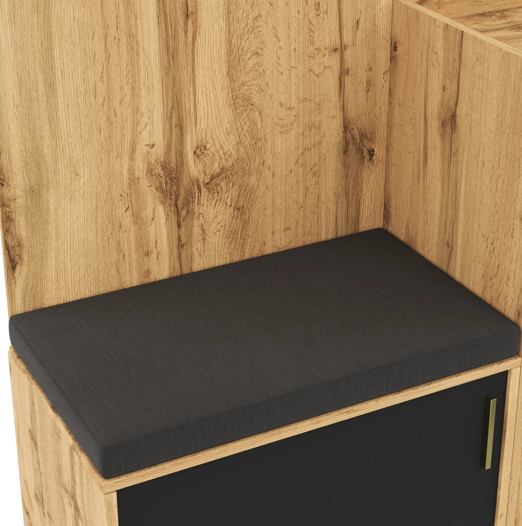 Garderoba ingresso compatta con specchio; panca e scarpiera 100x38x185 cm; nero e naturale