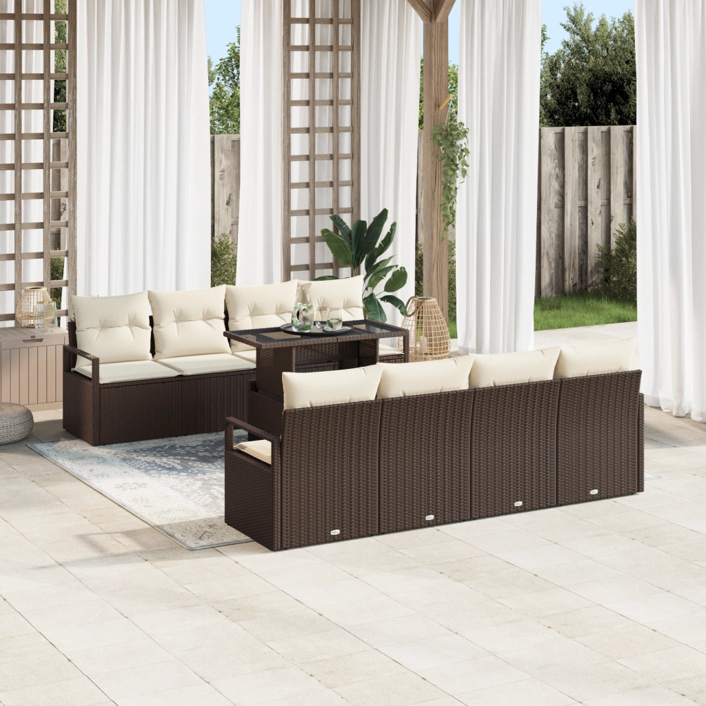 Set Divano da Giardino con Cuscini  9 Pezzi Rattan Polirattan Marrone