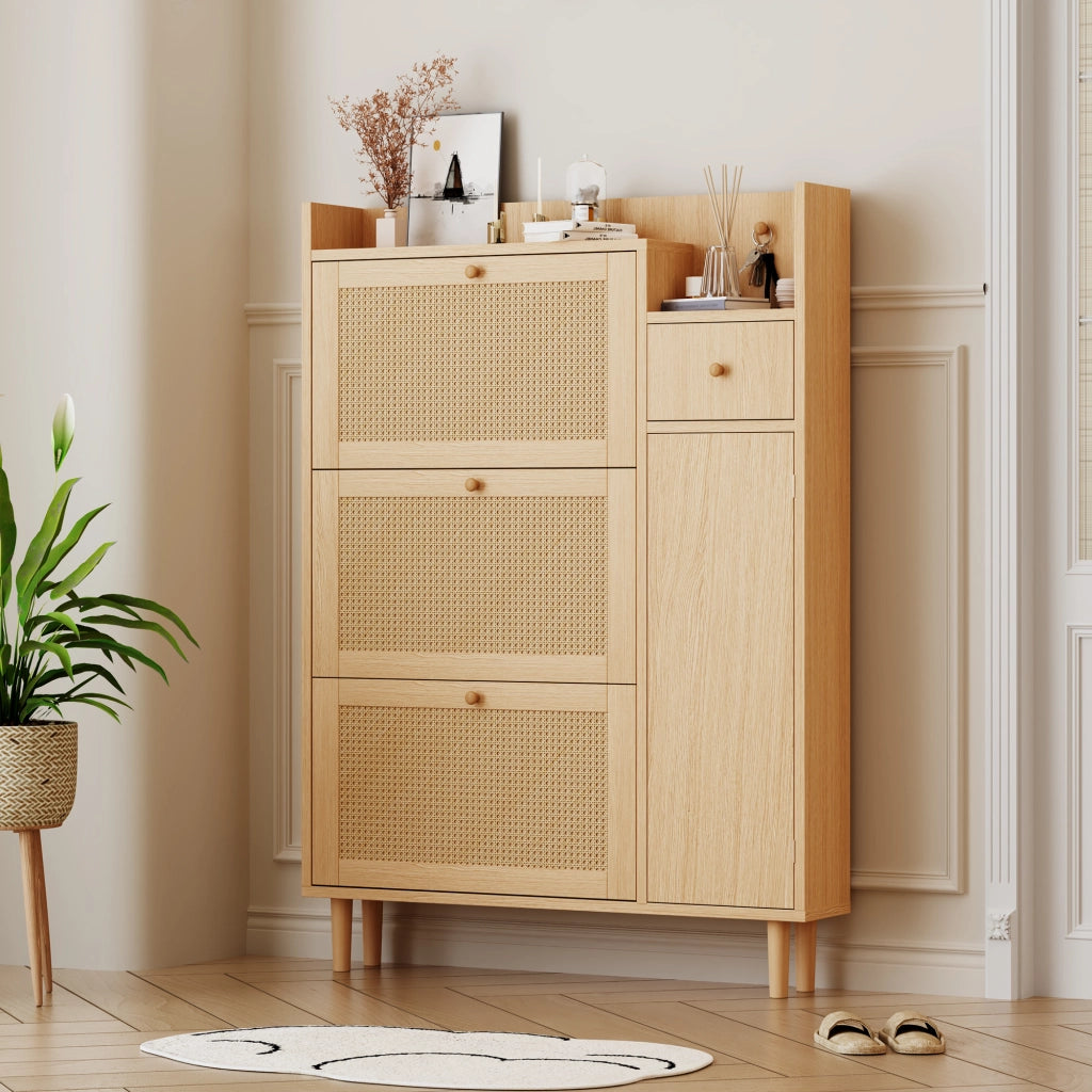 Scarpiera con 3 Ante a Ribalta e 1 Cassetto; con Gambe in Legno Massello; in MDF; 90×17×125 cm; Naturale