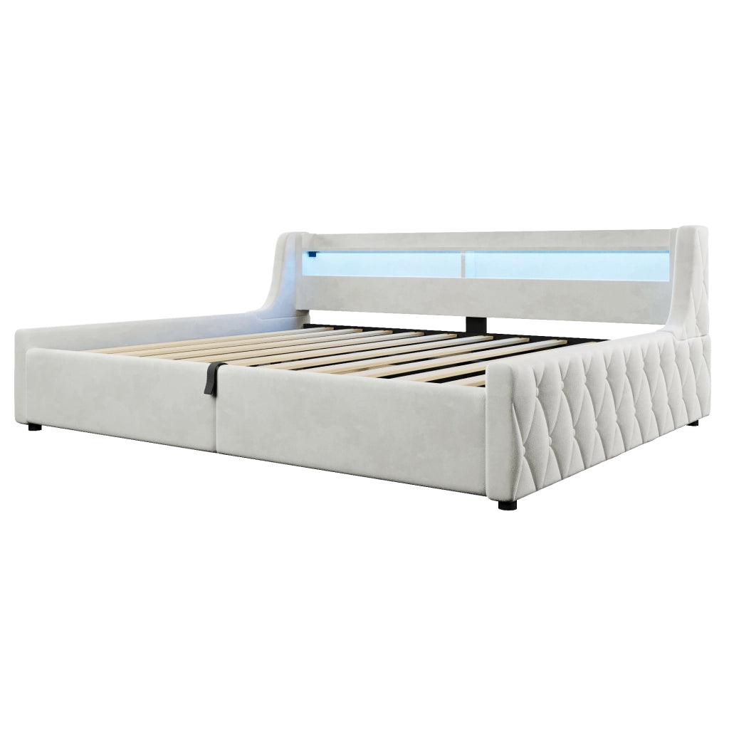 Letto Singolo 140x200 cm; 1 Posto - Contenitore e LED - in Flanella - Off White