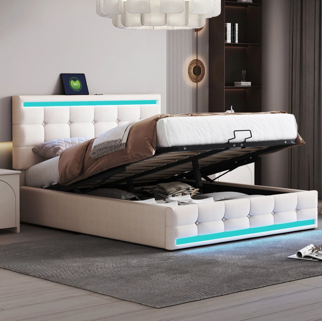 Letto matrimoniale 140x200 cm imbottito con LED, 2 porte USB e contenitore beige