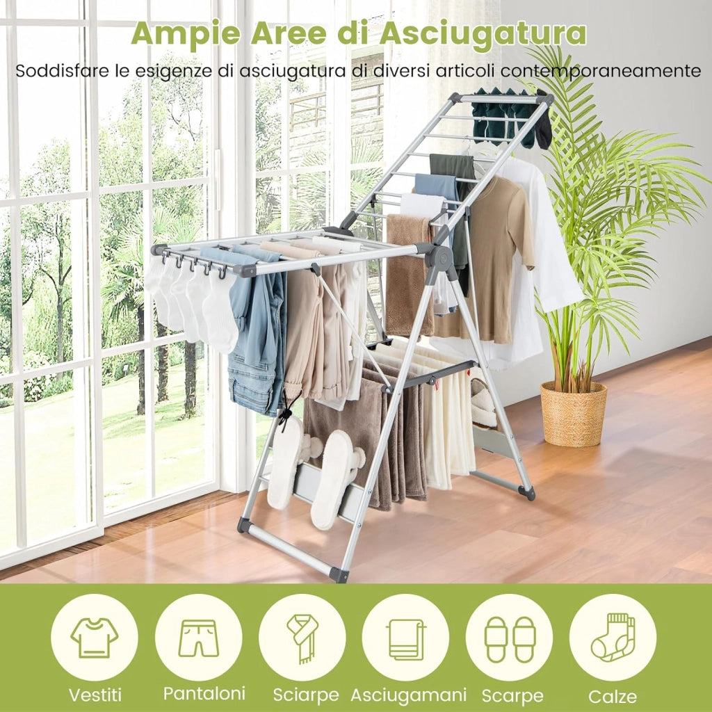 Stendibiancheria Pieghevole a 2 Livelli in Alluminio, Stendino Pieghevole con Altezza Regolabile a 5 Livelli, 21 Bacchette, 10 Mollette Laterali, 4 Supporti per Scarpe, Interni ed Esterni