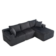Divano modulare con chaise longue e 2 posti; 5 cuscini; tasche laterali e portabicchieri; in velluto a coste grigio