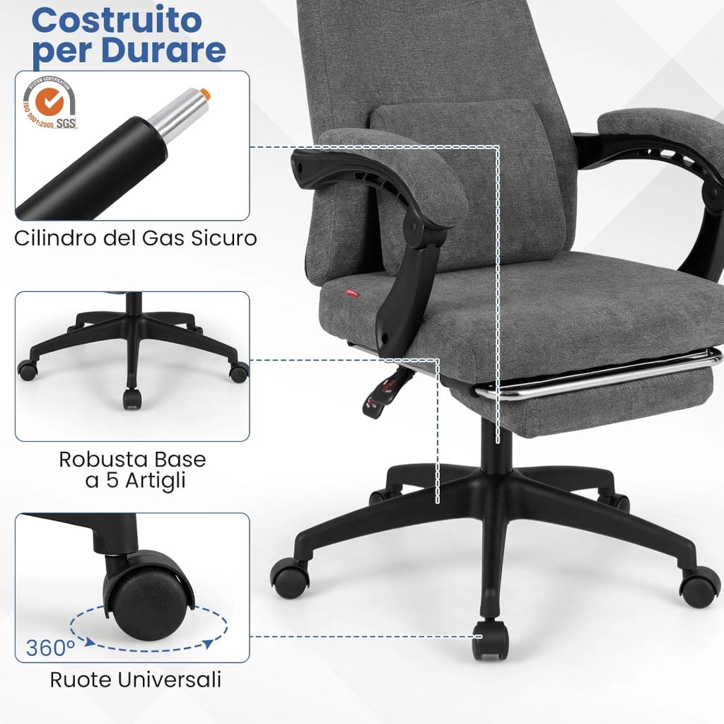 Sedia da Ufficio Reclinabile, Poltrona da Scrivania con Braccioli e Poggiapiedi Retrattile, Schienale Rogolabile, Poltrona Esecutiva Ergonomica con Cuscini per Collo e Lombari, Grigio