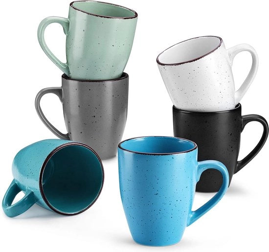 Set di tazze da caffè da 6, set di tazze in ceramica, tazze da caffè con manico 340ml, tazze da espresso, grandi tazze da tè, adatto per diversi drink, multicolore