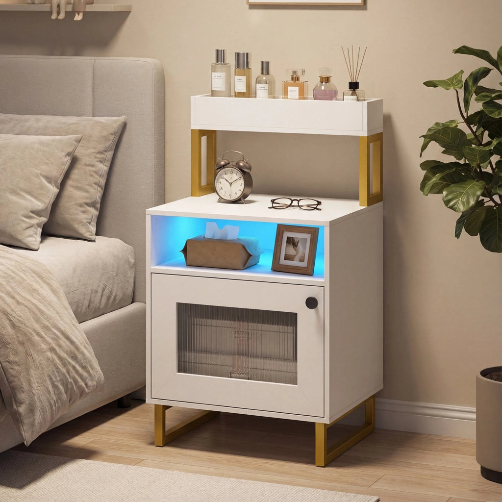Comodino luci led vassoio superiore scomparto aperto armadio-Tavolino da notte  metallo resistente tavolino notte soggiorno camera letto Bianco