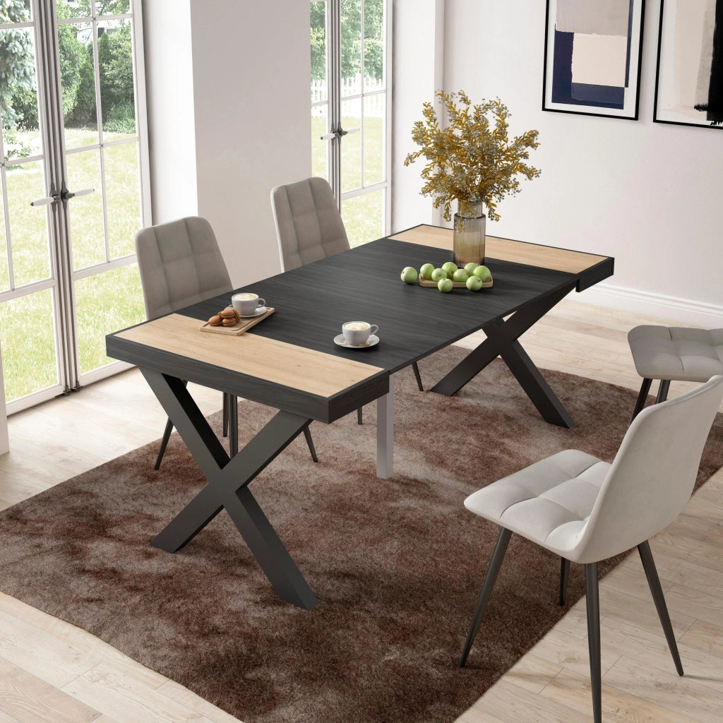 Consolle allungabile, 58 fino 180x90x73cm, Per 8 persone, Gambe in legno, colore Rovere e nero RF2763