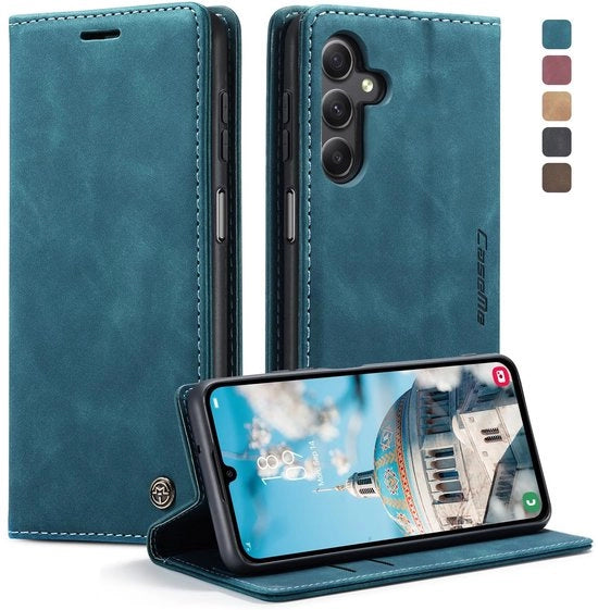 Copricapo per smartphone per Samsung Galaxy A15 4G/5G, copricapo in pelle premium, pelle vintage morbida con nubuc, copricapo pieghevole con stand, chiusura a clip, tasca per carte, funzione standard, resistente a urti.