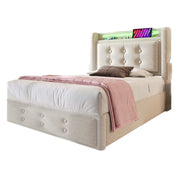 Letto singolo 90x200 imbottito beige con testiera LED; USB e vano contenitore