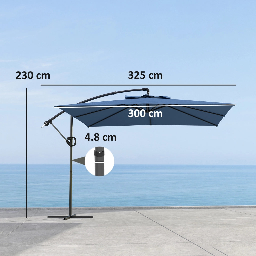 Ombrellone Decentrato con Base e Croce, Prese d'Aria e Manovella, in Metallo e Poliestere, 3x3.25 m, Blu