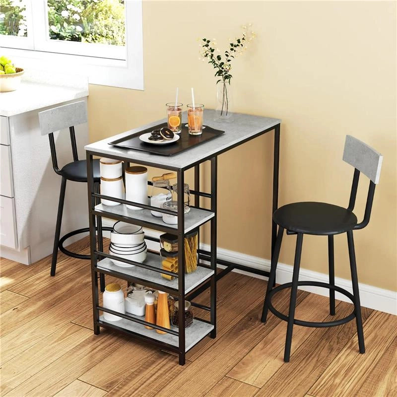 SET DA PRANZO 3 PEZZI CON BANCONE BAR CON RIPIANI E 2 SEDIE ALTE CON SCHIENALE GRIGIO CHIARO