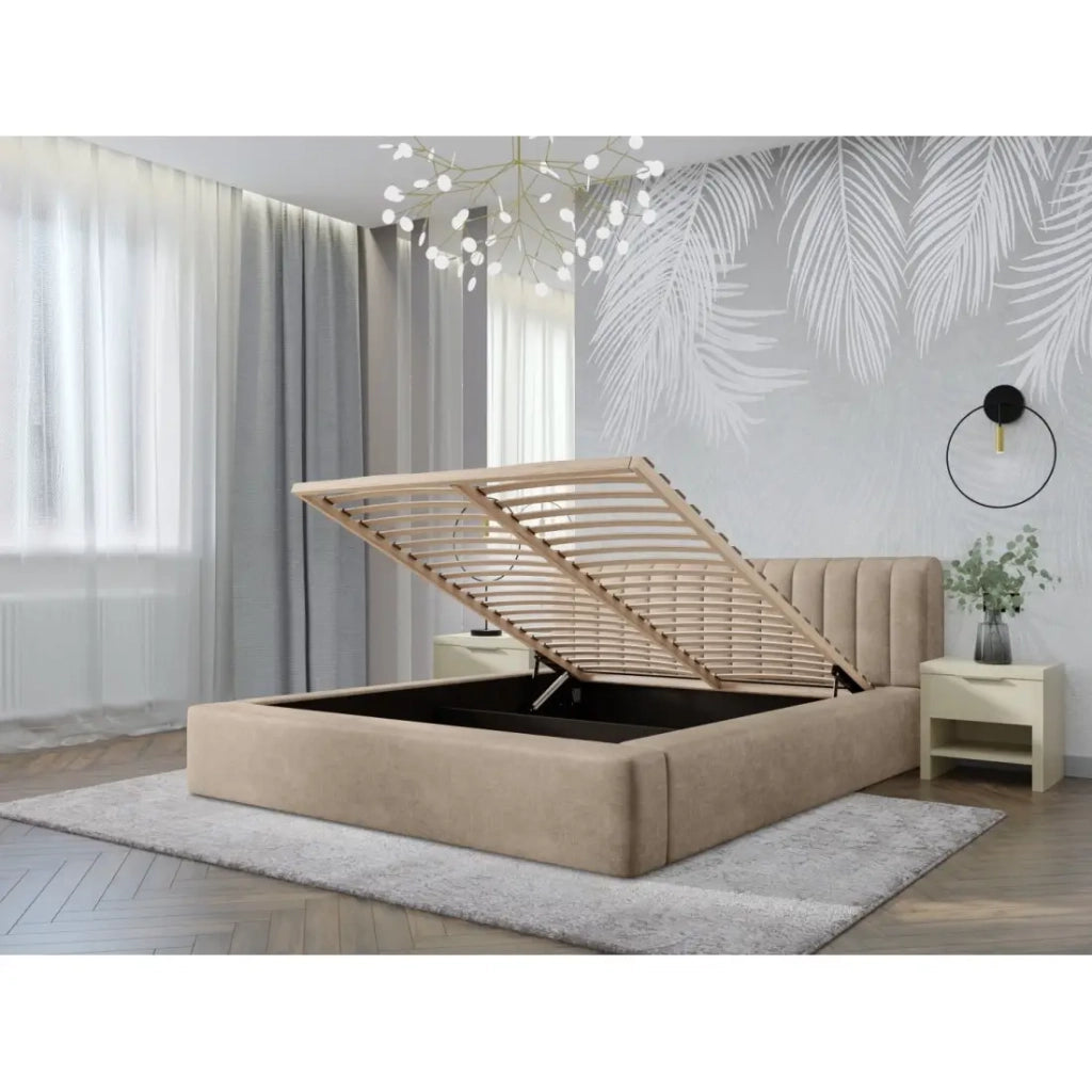 Letto contenitore CERVIN – Velluto morbido Nude Sablé – 180x200 cm – Rete sollevabile – Design elegante