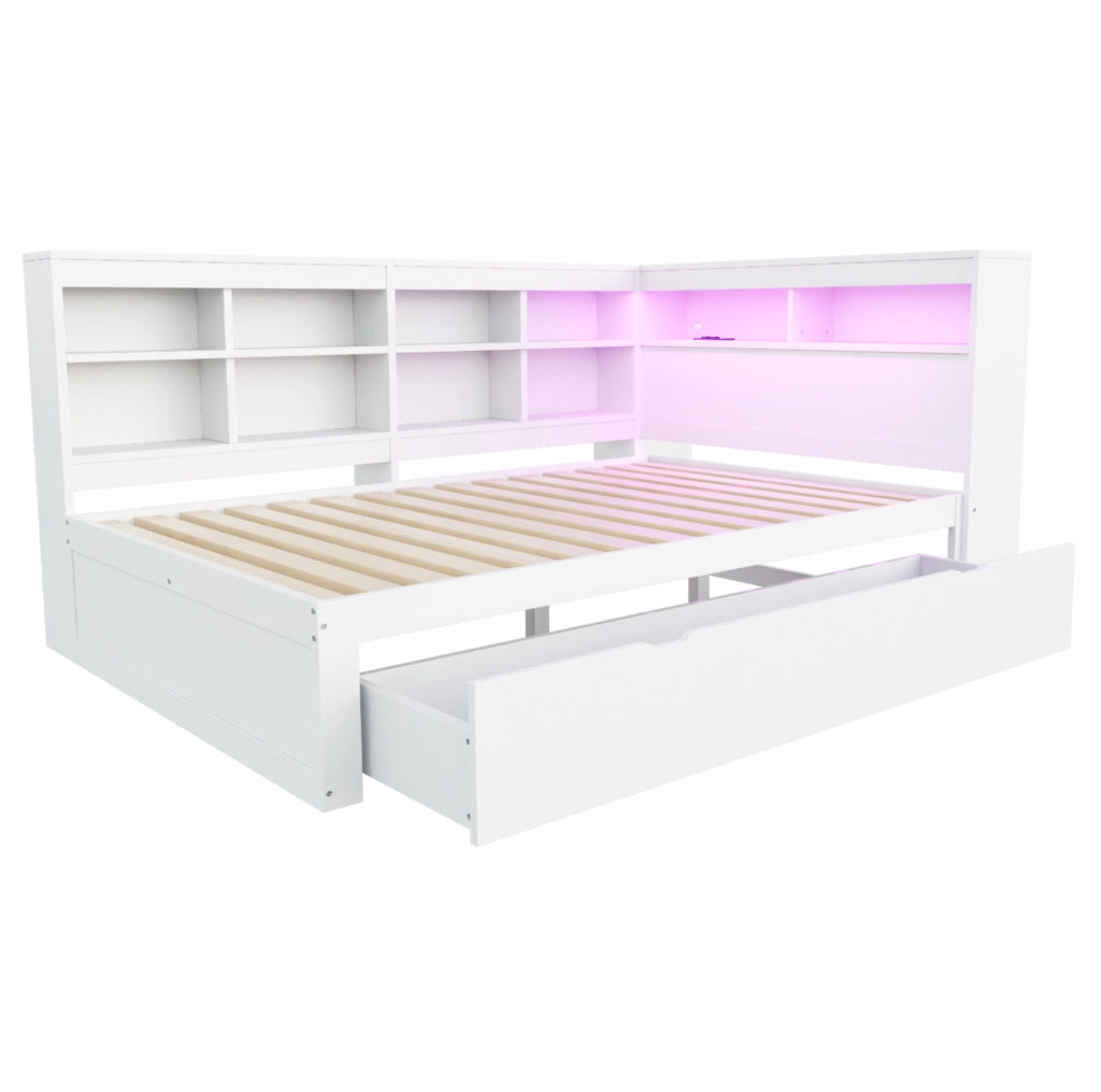 Letto matrimoniale multifunzione in legno 140x200 cm con contenitori, USB e LED