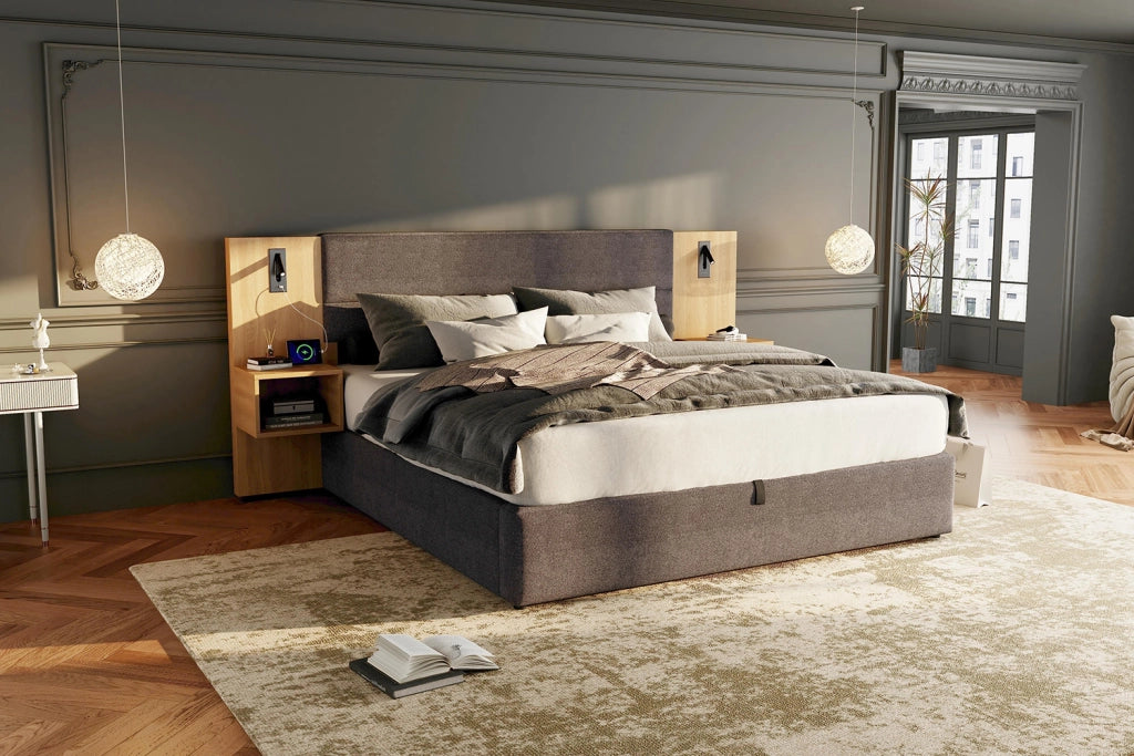 DESMIU Letto contenitore 180 × 200 cm 2 posti con USB-A, USB-C, luce, 2 comodini, senza materasso, velluto grigio naturale