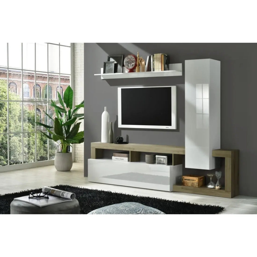 Set mobili da salotto con contenitori, collezione BURA, lunghezza 219 cm, bianco laccato/quercia cadiz