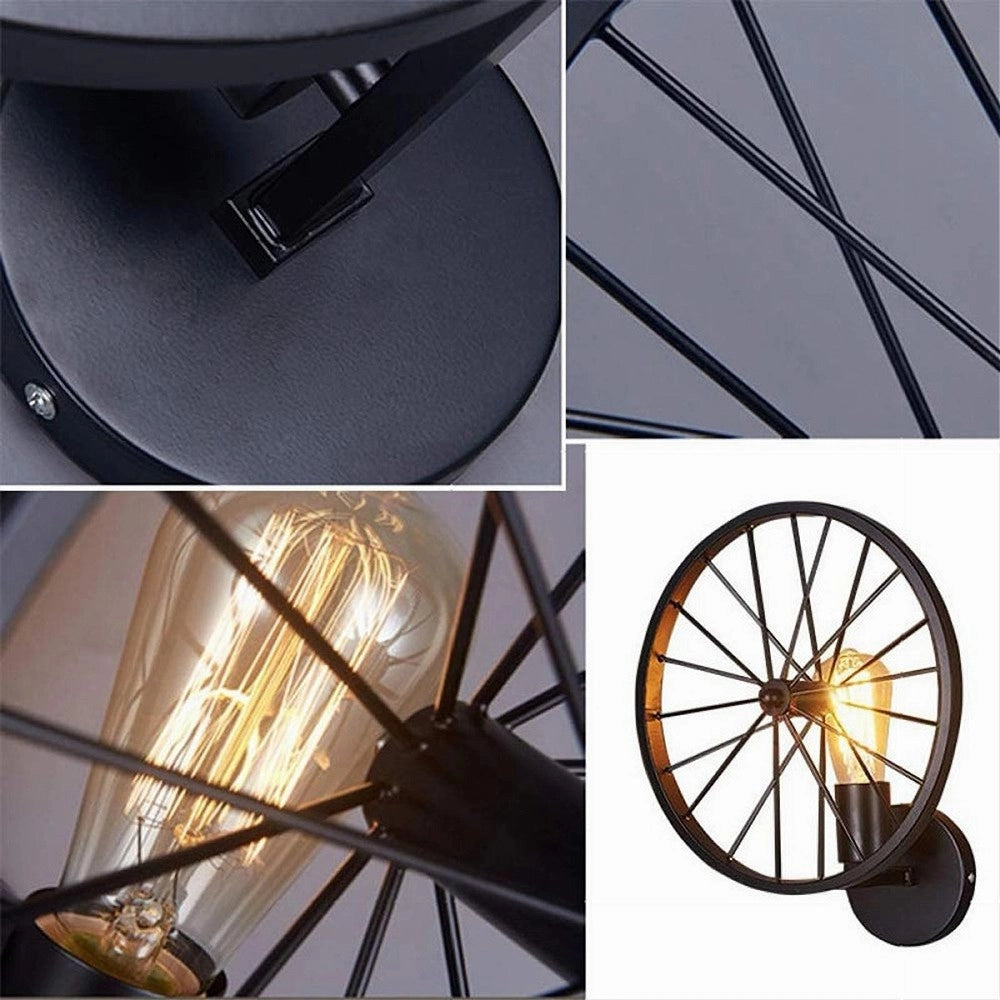 Trade Shop - Applique A Parete Stile Vintage Lampada Forma Di Ruota Bicicletta Nero E27 Aq62 -