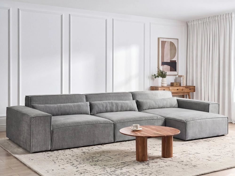 Divano angolare modulare a 3 posti a sinistra Divano componibile in tessuto grigio con gambe nere Soggiorno moderno