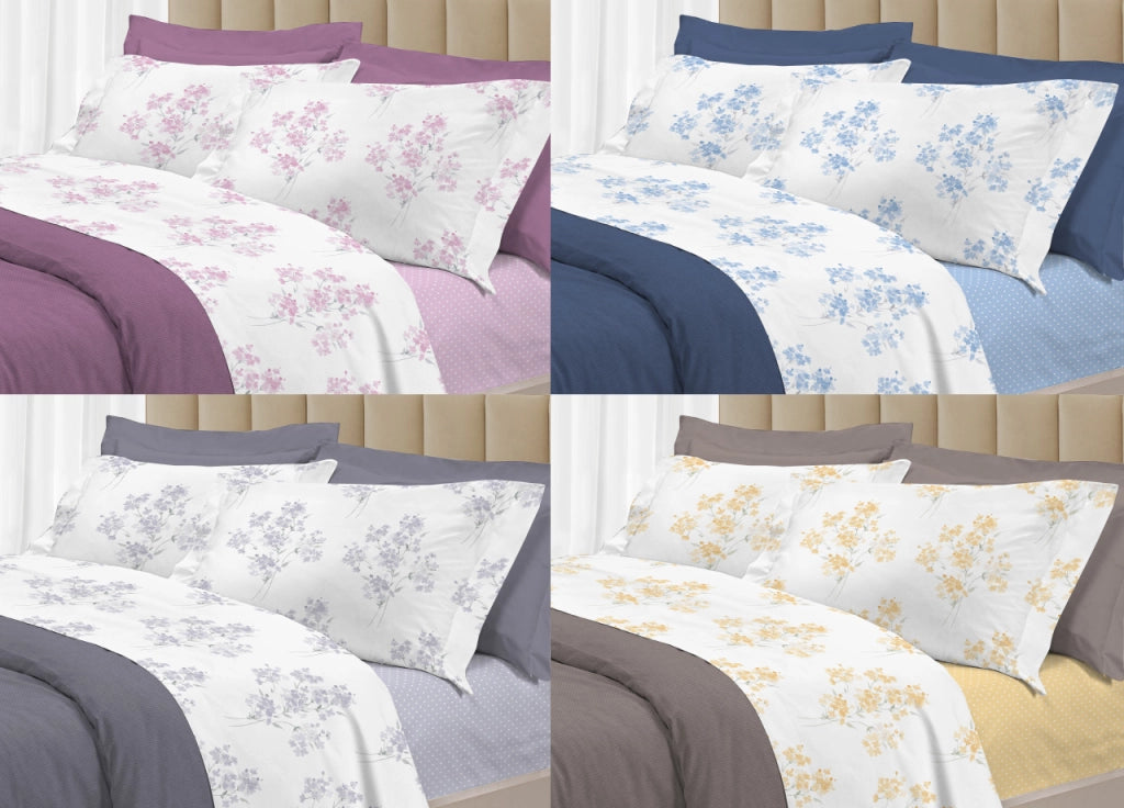 Completo Lenzuola Letto 100% Cotone Made Italy 3027 Disegno Primavera - Matrimoniale - Grigio