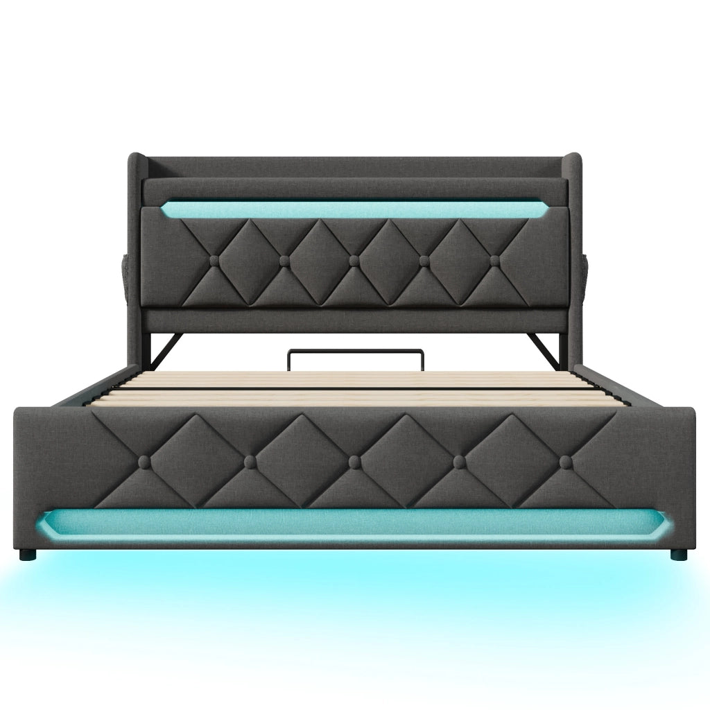 Letti contenitori 180x200 cm con LED e testiera con USB; lino grigio (Senza materasso)