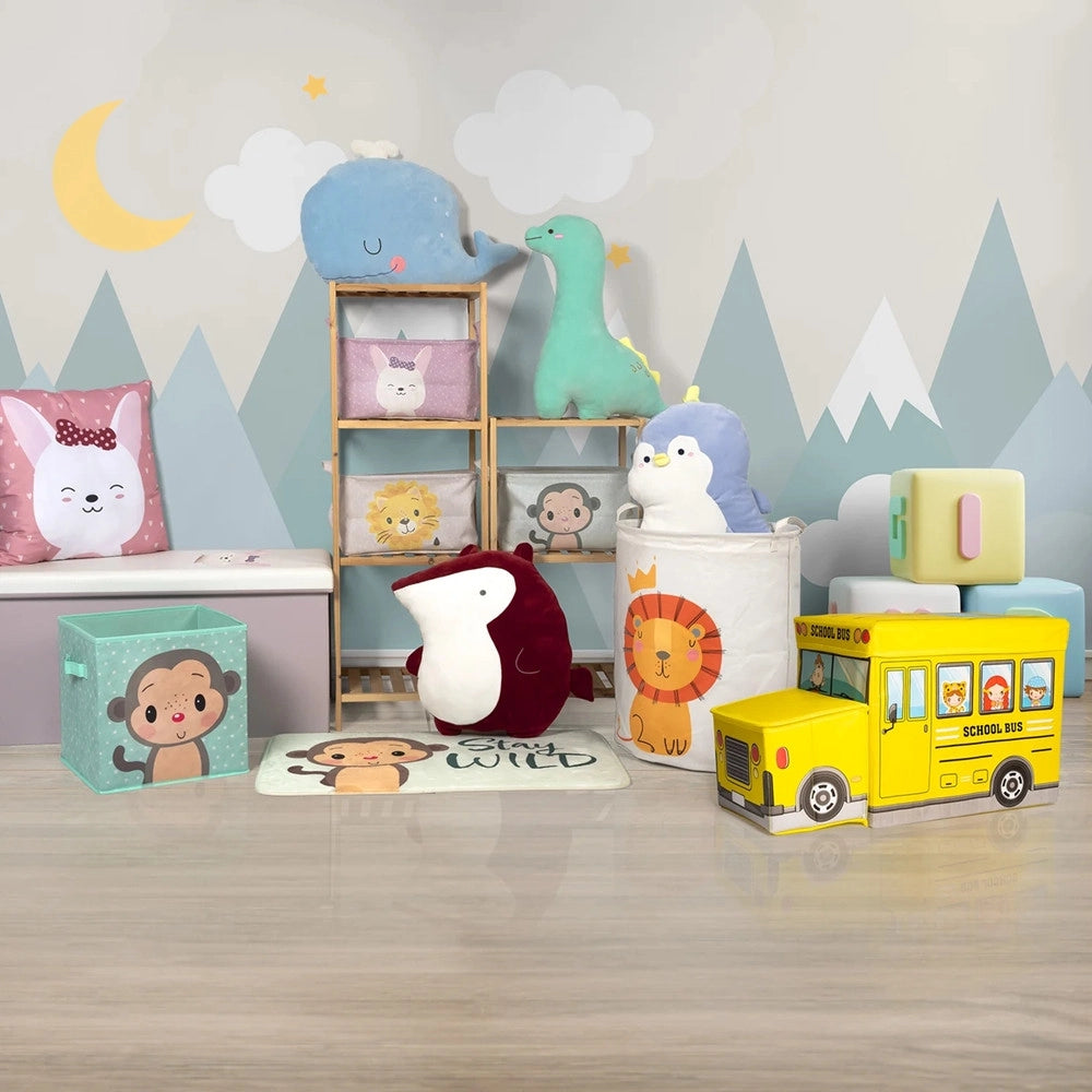 Trade Shop - Scatola Portaoggetti Salvaspazio Ripiegabile A Forma Di Scuolabus Per Giocattoli Bambini -