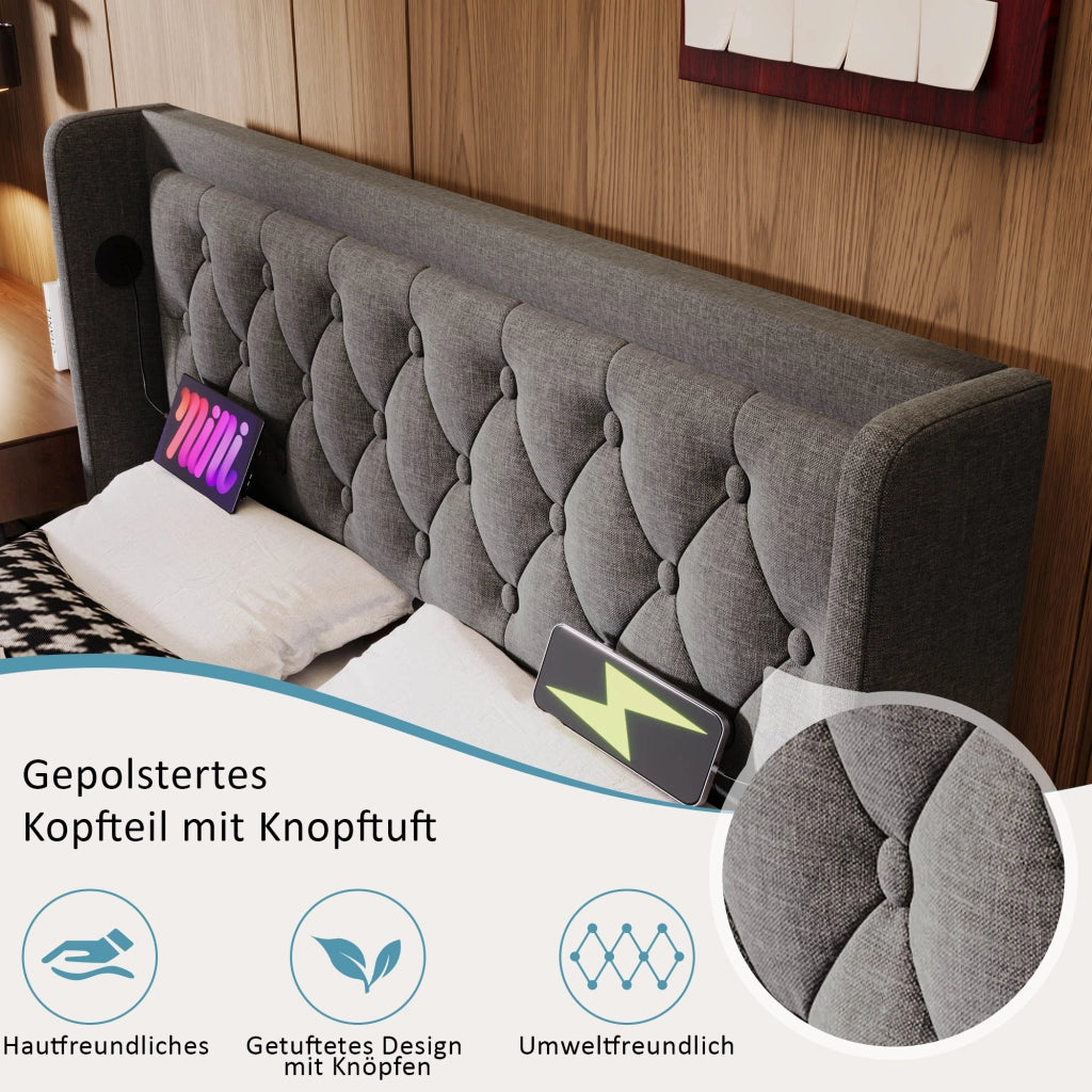 OKWISH Letto Contenitore 180×200 cm, Letto Matrimoniale con USB, Type C, LED e Testiera Imbottita, senza Materasso, in Cotone, Grigio