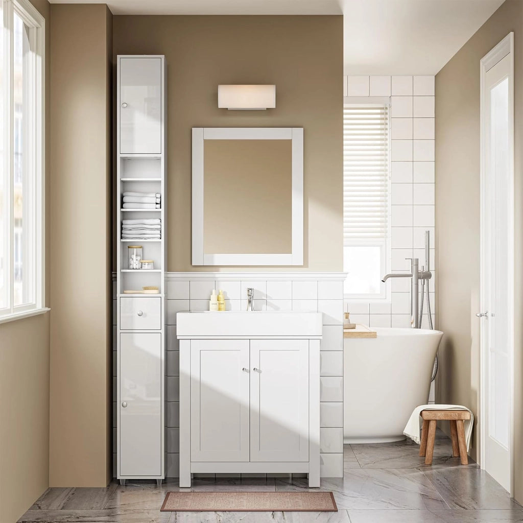 Bianco Lucido Mobile Bagno Salvaspazio Colonna Bagno - Mobiletto Bagno Stretto 20x20x180cm con 6 Ripiani Regolabili e Cassetto - Armadietto Bagno Alto per Piccoli Spazi BZR167-GW