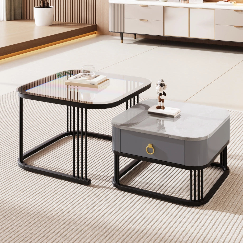 Tavolini da salotto modulari con 2 cassetti e piano effetto marmo in MDF colore nero e grigio