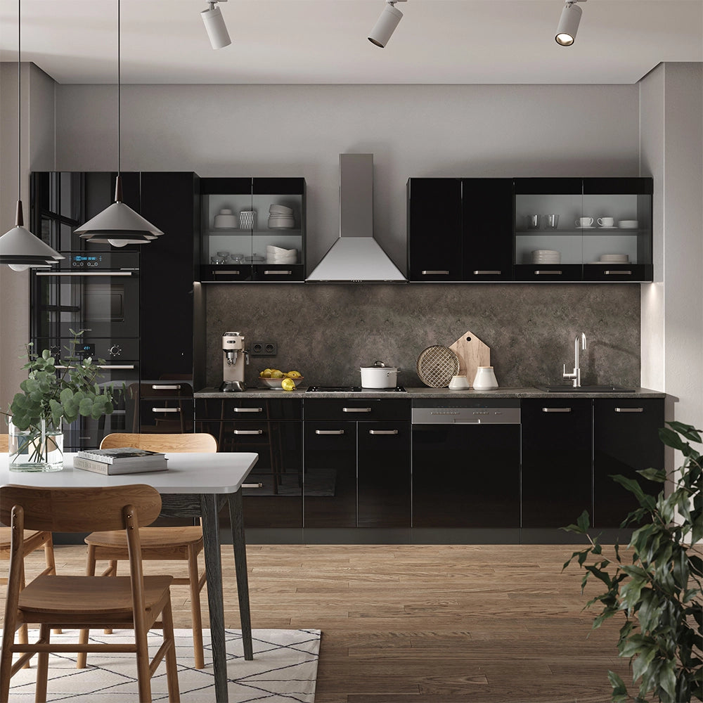Vicco Mobile da cucina Nero lucido 350 cm con armadio alto, PL Marmo