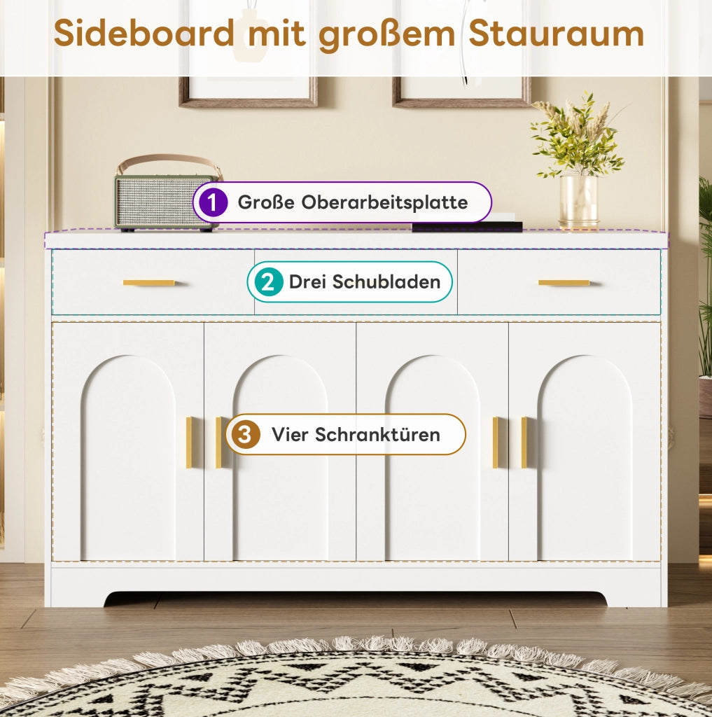 Credenza bianca 140 cm con 4 ante ad arco e 3 cassetti