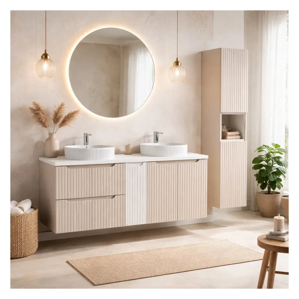 Insieme VANO cachemire e bianco 170cm: mobili sotto lavabo con cassetti e armadietti + lavabi da appoggio scanalati + colonna