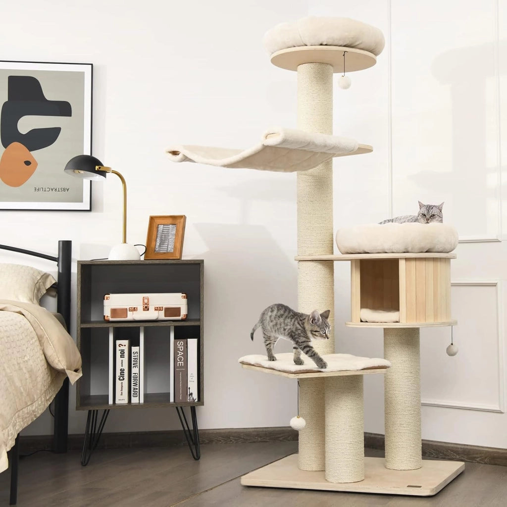 Albero per Gatti in Legno Massiccio da 174 CM, Torre per Gatti a 4 Livelli con Pali Sisal, Nicchia per Gatti, Trespoli, Amaca, Palline, Albero Tiragraffi per Gattini e Gatti Adulti